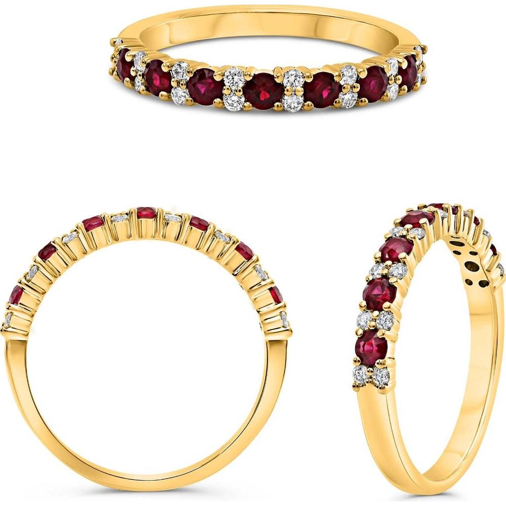 Roman & Jules - 14K Yellow Gold Ruby and Diamond Ring with Prong Set Round Rubies and Diamonds - 0.45 Carat Total Diamond Weight, 0.18 Carat Total Ruby Weight