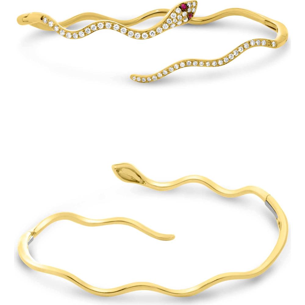 Roman & Jules - 14K Yellow Gold Ruby and Diamond Snake Bangle - 0.47 Carat Diamond, 0.03 Carat Ruby Accents