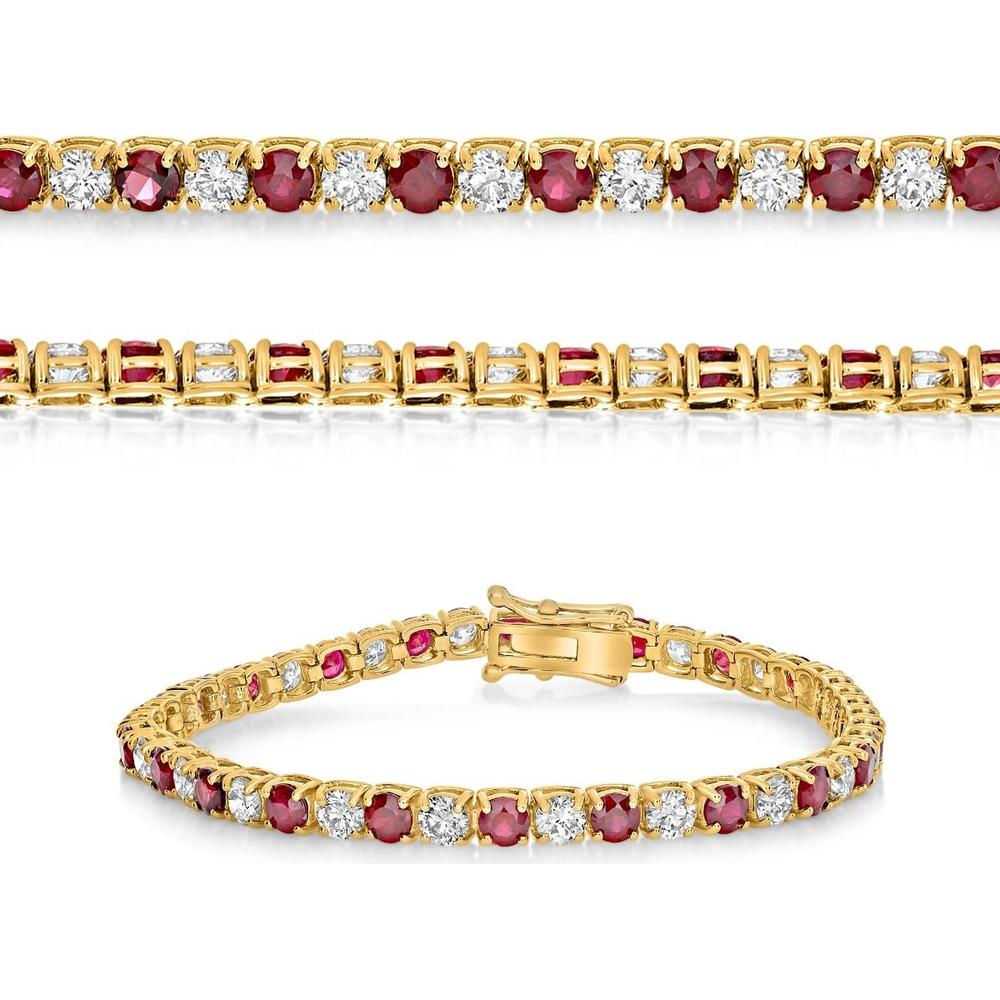 Roman & Jules - 14K Yellow Gold Ruby and Diamond Tennis Bracelet with Prong Set Round Rubies and Diamonds - 9.00 Carat Total Ruby Weight, 7.00 Carat Total Diamond Weight