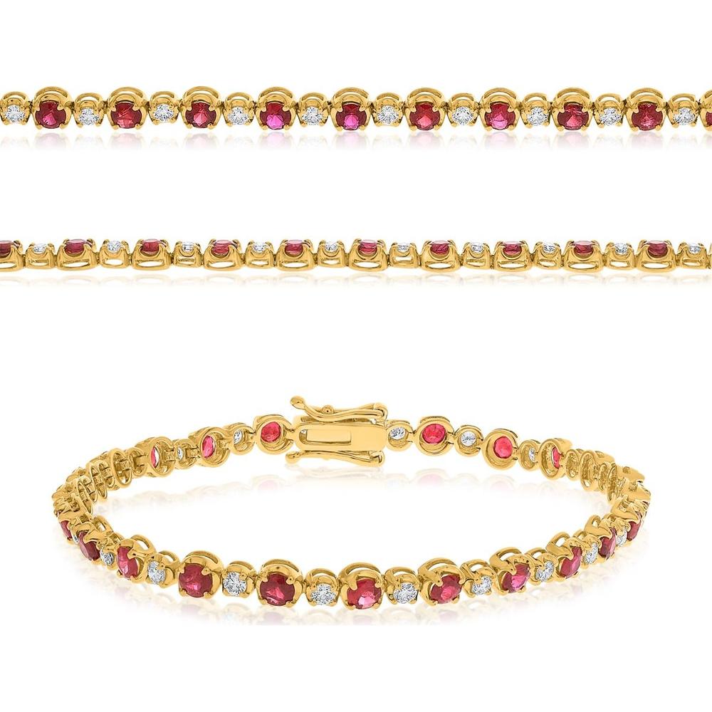 Roman & Jules - 14K Yellow Gold Ruby and Diamond Tennis Bracelet with Round Rubies and Diamonds - 3.54 Carat Total Ruby and Diamond Weight