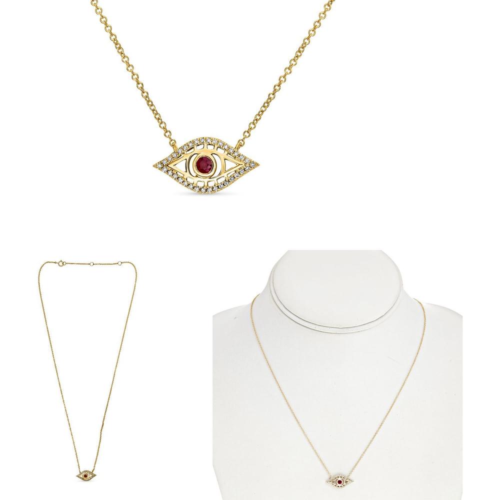 Roman & Jules - 14K Yellow Gold Ruby Evil Eye Necklace with Round Diamonds - 0.18 Carat Total Diamond Weight