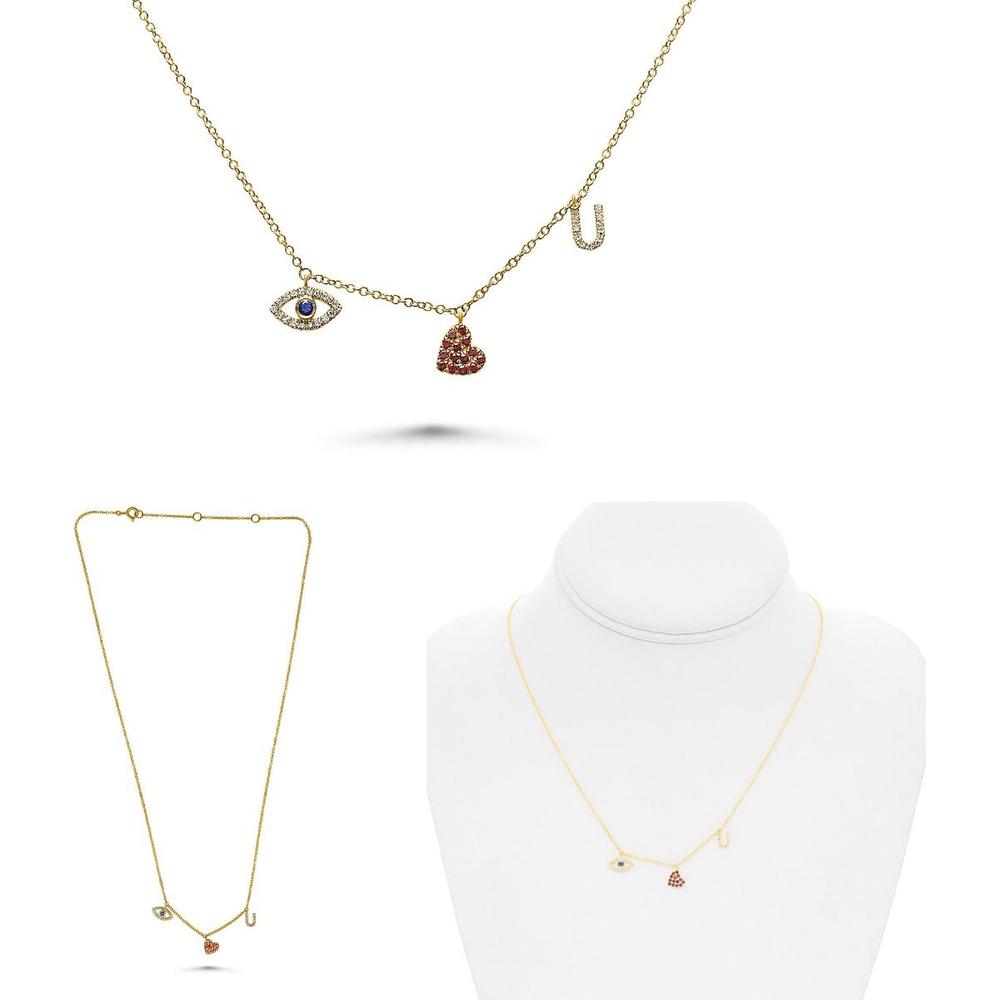 Roman & Jules - 14K Yellow Gold Ruby Heart and Eye Necklace with Round Diamond and Sapphire Accents
