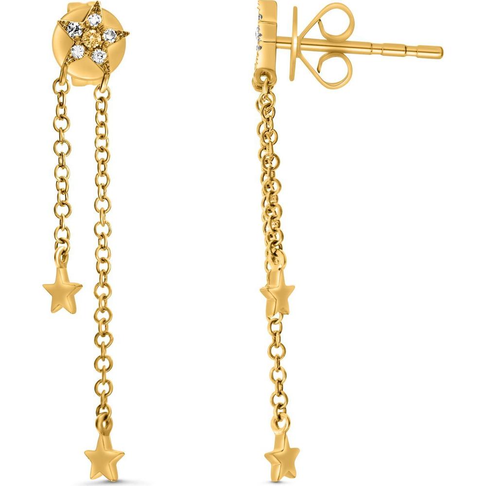 Roman & Jules - 14K Yellow Gold Star Chain Earrings with Round Diamonds - 0.10 Carat Total Diamond Weight