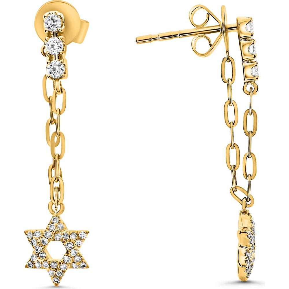 Roman & Jules - 14K Yellow Gold Star of David Drop Earrings with Round Diamonds - 0.29 Carat Total Diamond Weight