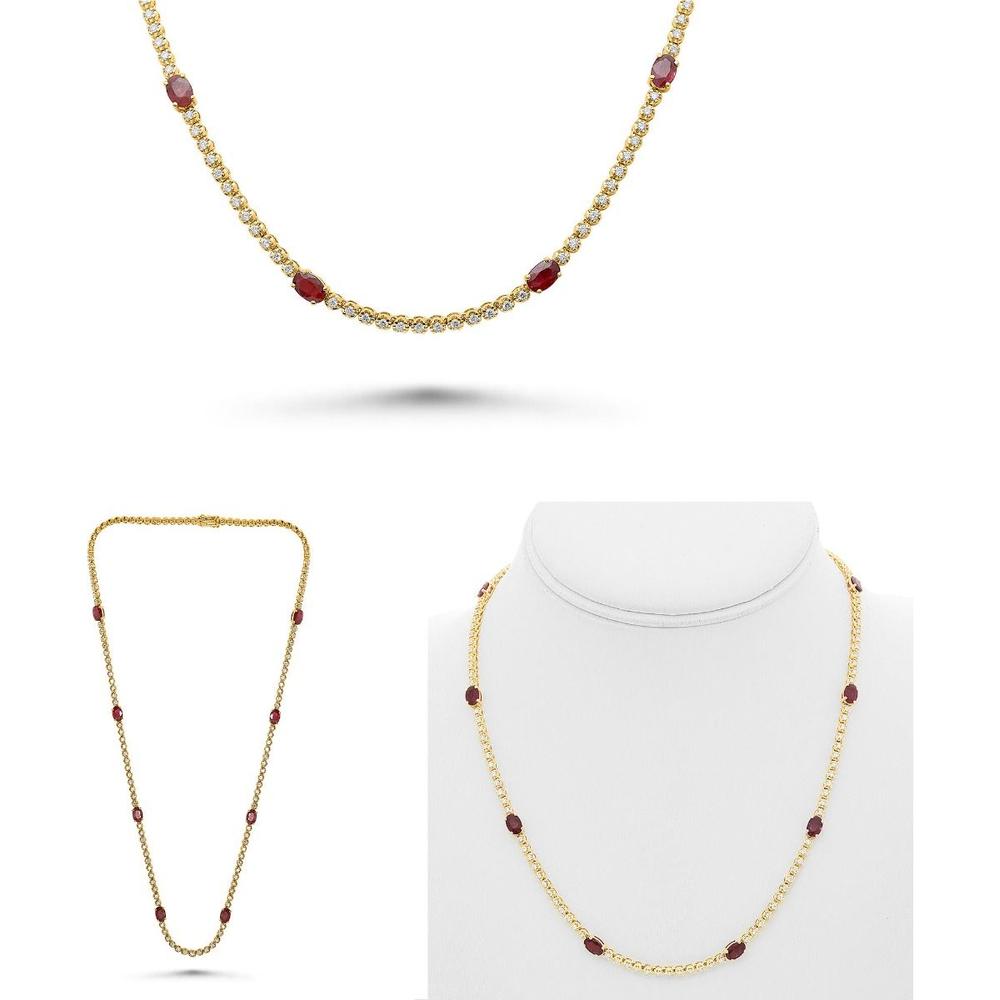 Roman & Jules - 14K Yellow Gold Station Necklace with Oval Rubies and Round Diamonds - 4.50 Carat Total Ruby Weight
