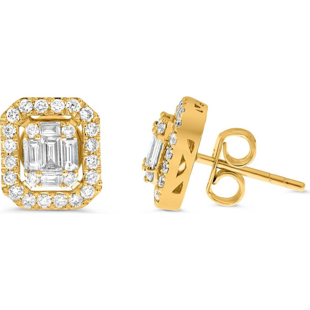 Roman & Jules - 14K Yellow Gold Stud Earrings with Round and Baguette Diamonds - 0.82 Carat Total Diamond Weight