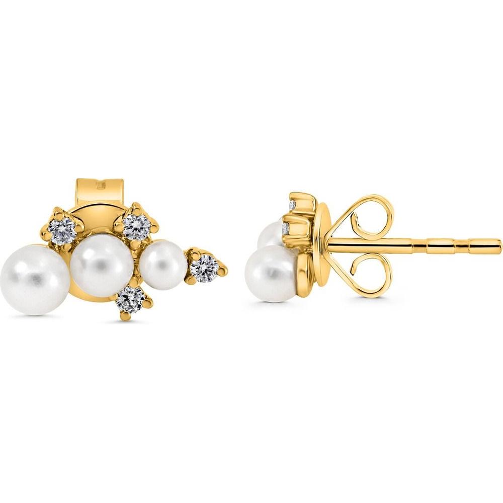 Roman & Jules - 14K Yellow Gold Stud Earrings with Round Diamonds and Pearls - 0.09 Carat Pearl Weight, 0.08 Carat Diamond Weight