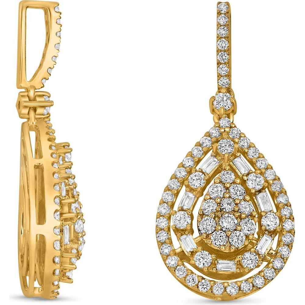 Roman & Jules - 14K Yellow Gold Teardrop Earrings with Round and Baguette Diamonds - 0.79 Carat Total Diamond Weight