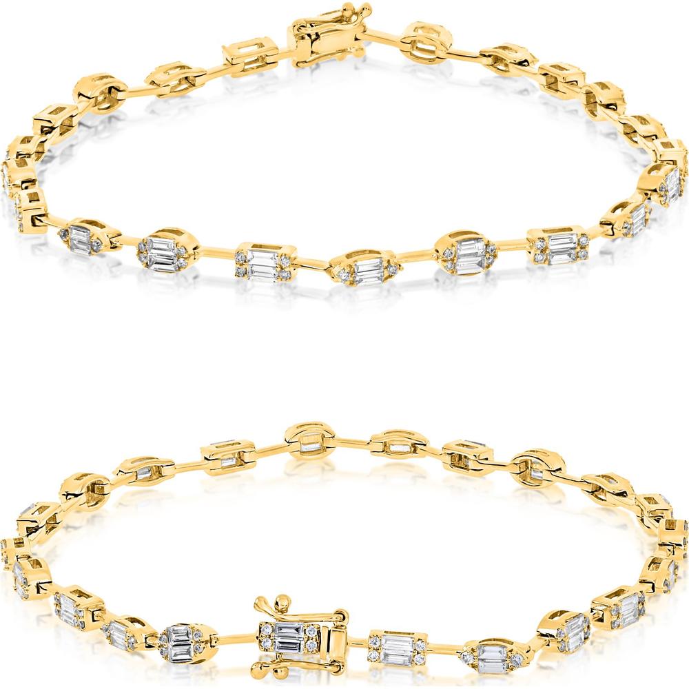 Roman & Jules - 14K Yellow Gold Tennis Bracelet with Baguette and Round Diamonds - 1.30 Carat Total Diamond Weight