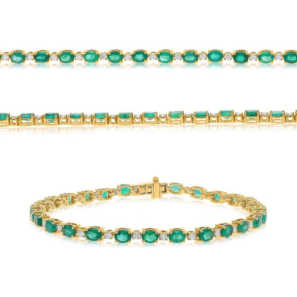 Roman & Jules - 14K Yellow Gold Tennis Bracelet with Oval Emeralds and Round Diamonds - 4.40 Carat Total Emerald Weight, 0.75 Carat Total Diamond Weight