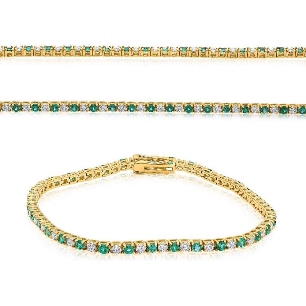Roman & Jules - 14K Yellow Gold Tennis Bracelet with Round Diamonds and Emeralds - 3.7 Carat Total Gem Weight