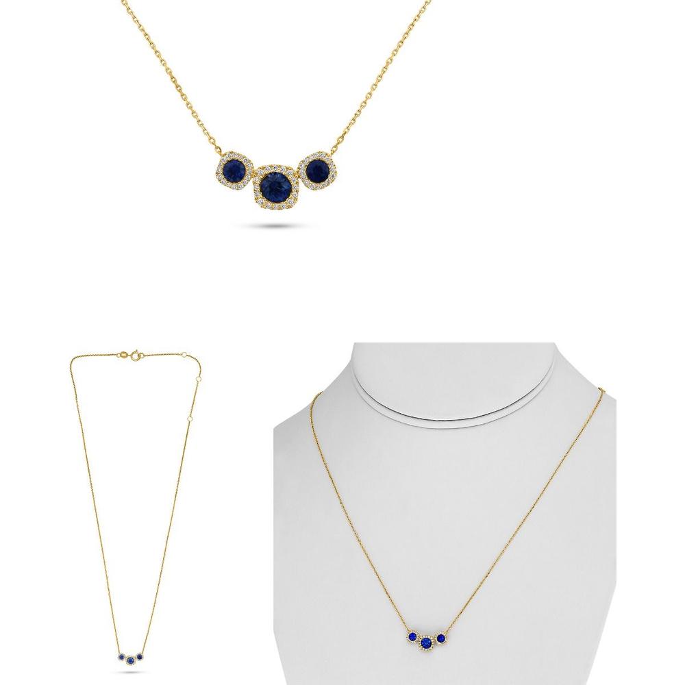 Roman & Jules - 14K Yellow Gold Triple Sapphire Necklace with Round Diamond Halo - 0.57 Carat Total Sapphire Weight, 0.12 Carat Total Diamond Weight