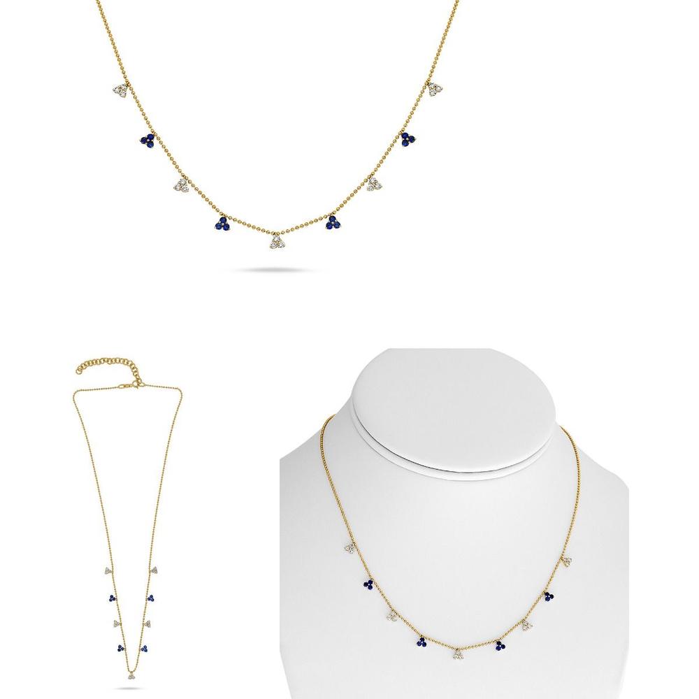 Roman & Jules - 14K Yellow Gold Triple Stone Sapphire and Diamond Necklace with Round Diamonds - 0.36 Carat Total Diamond Weight, 0.40 Carat Total Sapphire Weight