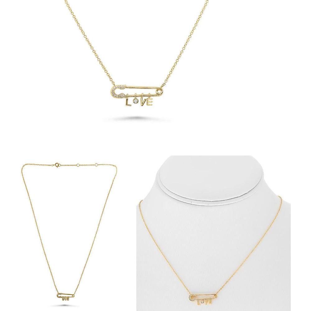 Roman & Jules - 14K Yellow Gold Y Hook LOVE Necklace with Round Diamonds - 0.05 Carat Total Diamond Weight
