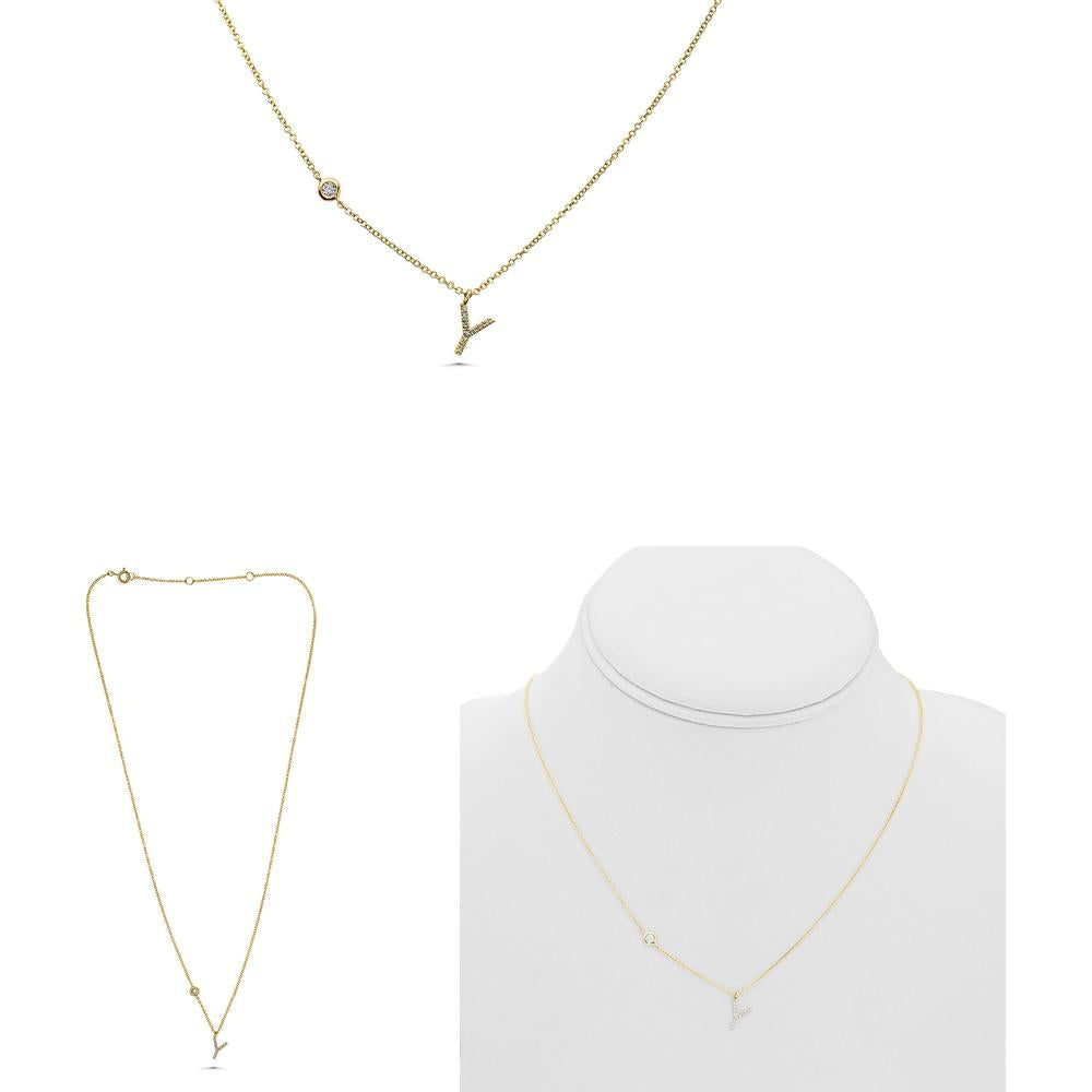 Roman & Jules - 14K Yellow Gold Y Initial Necklace with 0.09 Carat Round Diamond in Micropavé Setting