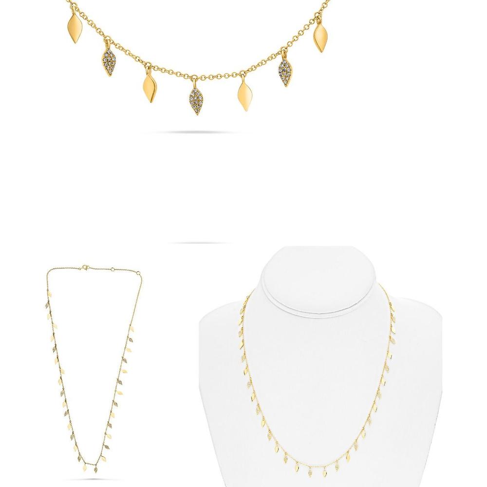 Roman & Jules - 14K Yellow Gold Y-Leaf Necklace with Micropavé Set Round Diamonds - 0.43 Carat Total Diamond Weight