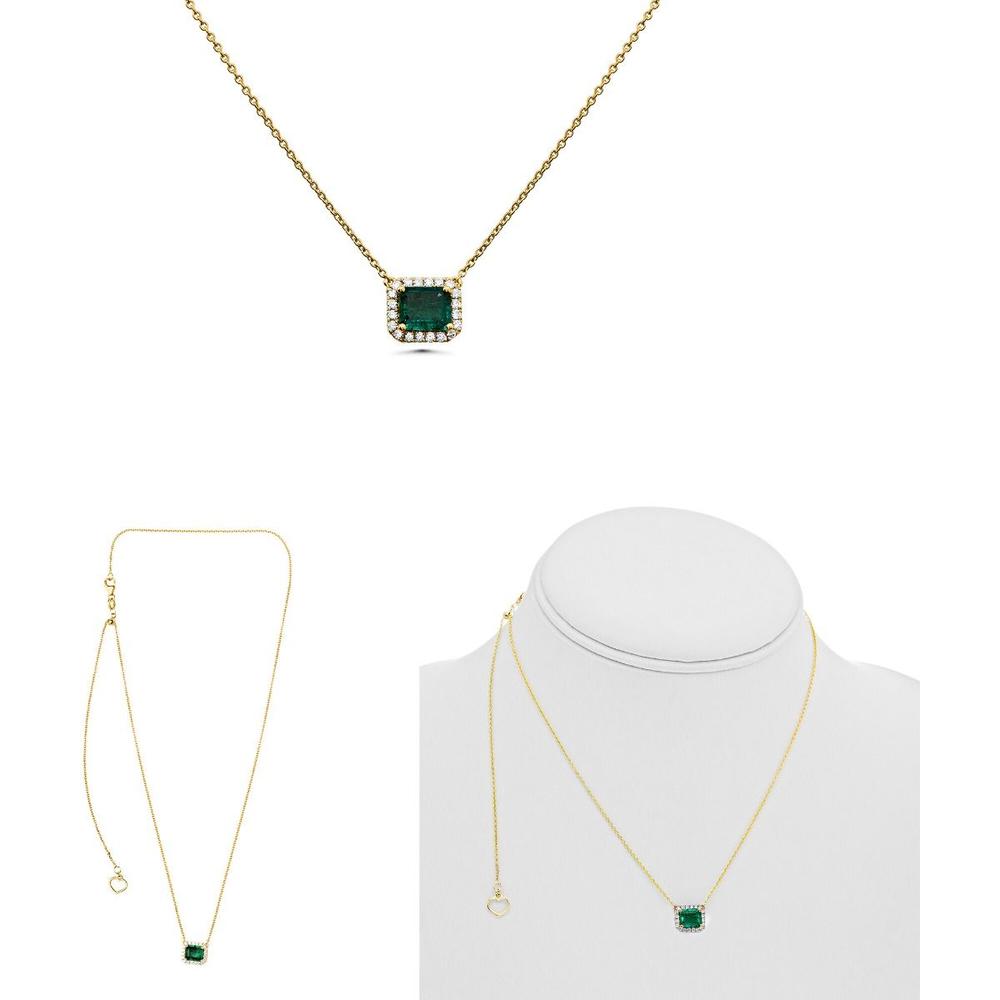 Roman & Jules - 14K Yellow Gold Y Necklace with 0.91 Carat Emerald-Cut Emerald and 0.17 Carat Round Diamond Halo
