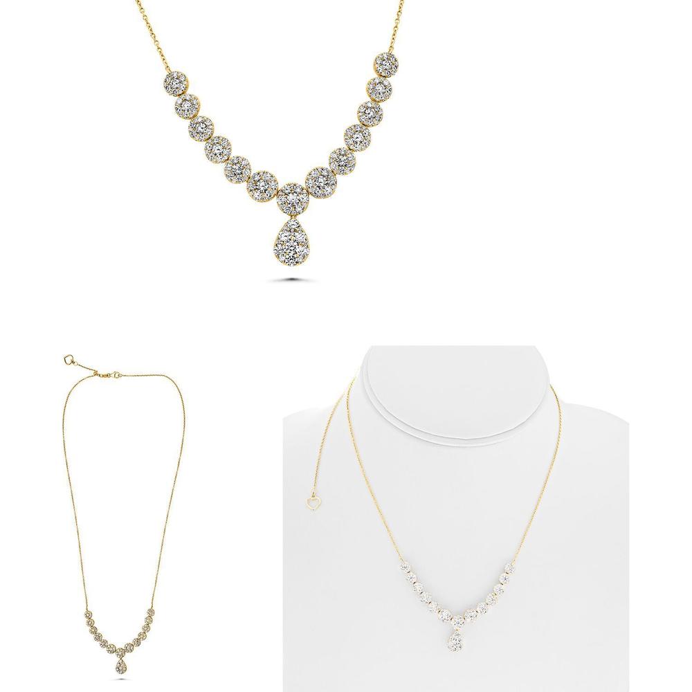 Roman & Jules - 14K Yellow Gold Y Necklace with 3.00 Carat Round Diamond Cluster Teardrop Pendant