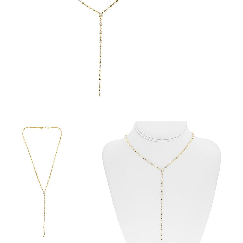 Roman & Jules - 14K Yellow Gold Y-Necklace with Baguette and Round Diamonds - 1.32 Carat Total Diamond Weight