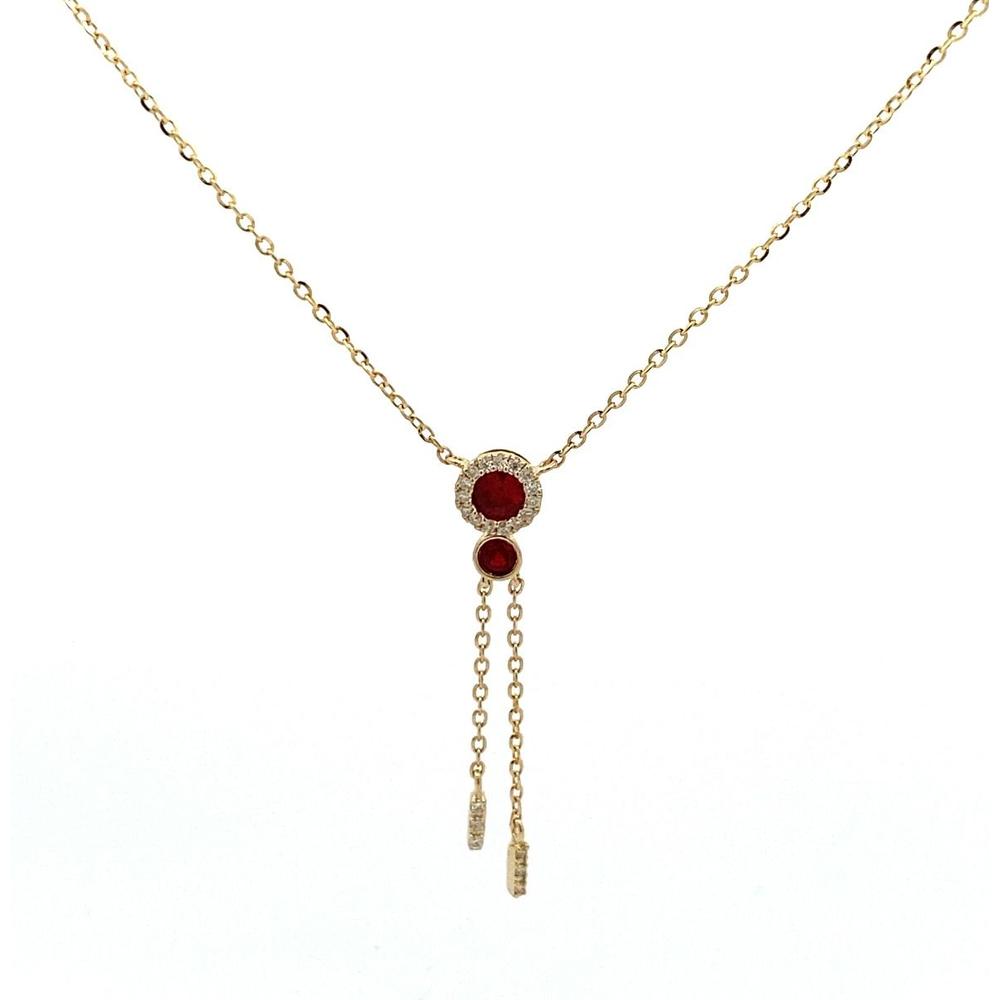 Roman & Jules - 14K Yellow Gold Y Necklace with Bezel Set Round Rubies and Diamond Halo - 0.20 Carat Total Diamond Weight