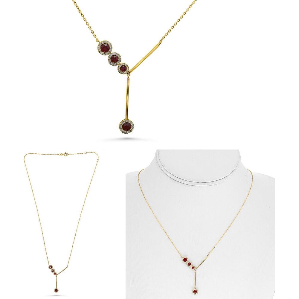 Roman & Jules - 14K Yellow Gold Y Necklace with Bezel-Set Round Rubies and Halo Diamonds - 0.62 Carat Total Ruby Weight