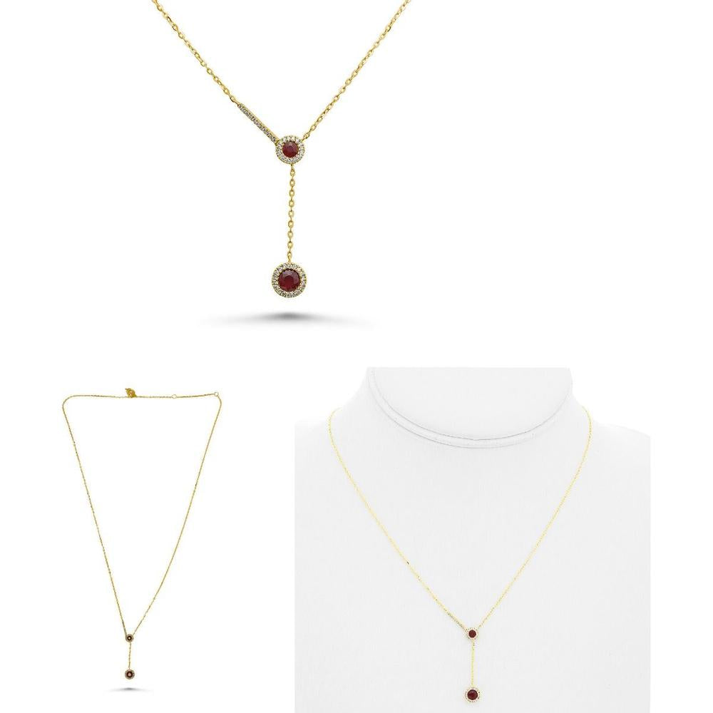 Roman & Jules - 14K Yellow Gold Y Necklace with Halo Set Ruby and Diamonds - 0.45 Carat Total Ruby Weight