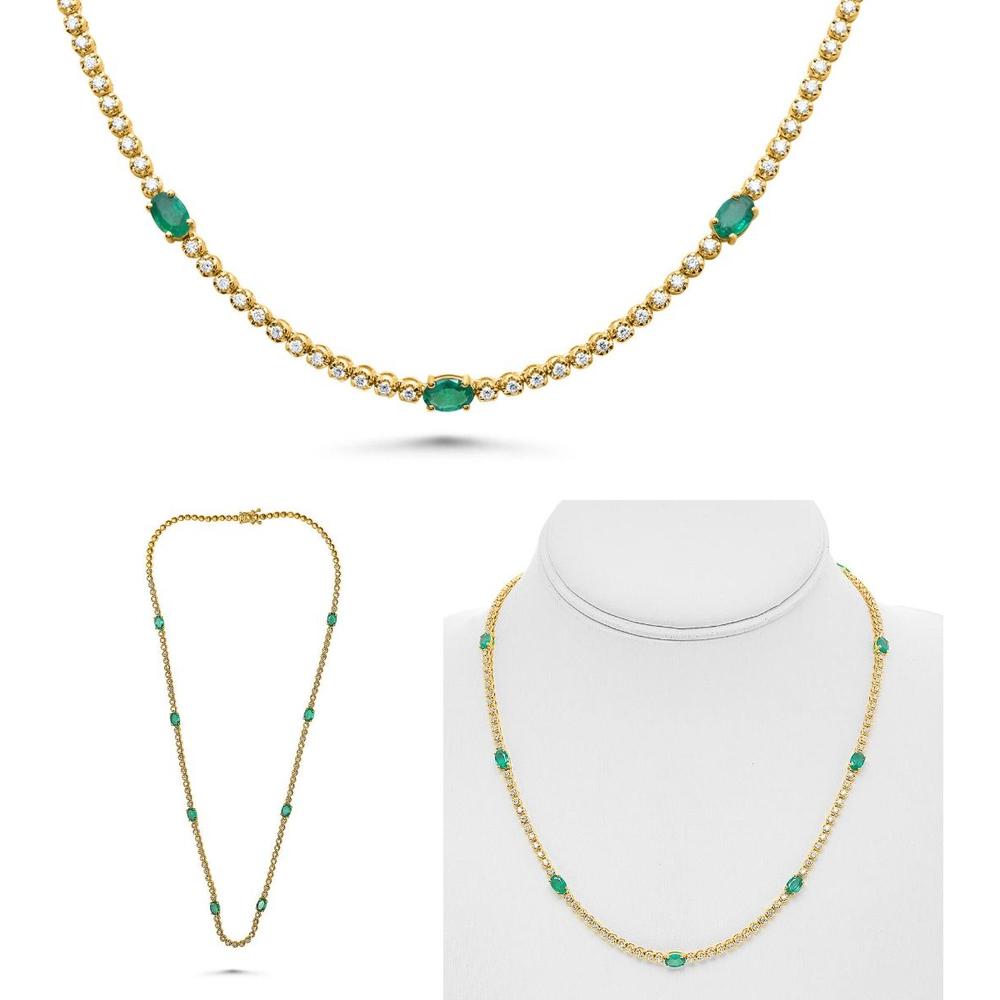 Roman & Jules - 14K Yellow Gold Y Necklace with Oval Emerald and Round Diamonds - 2.00 Carat Total Diamond Weight, 3.20 Carat Total Emerald Weight