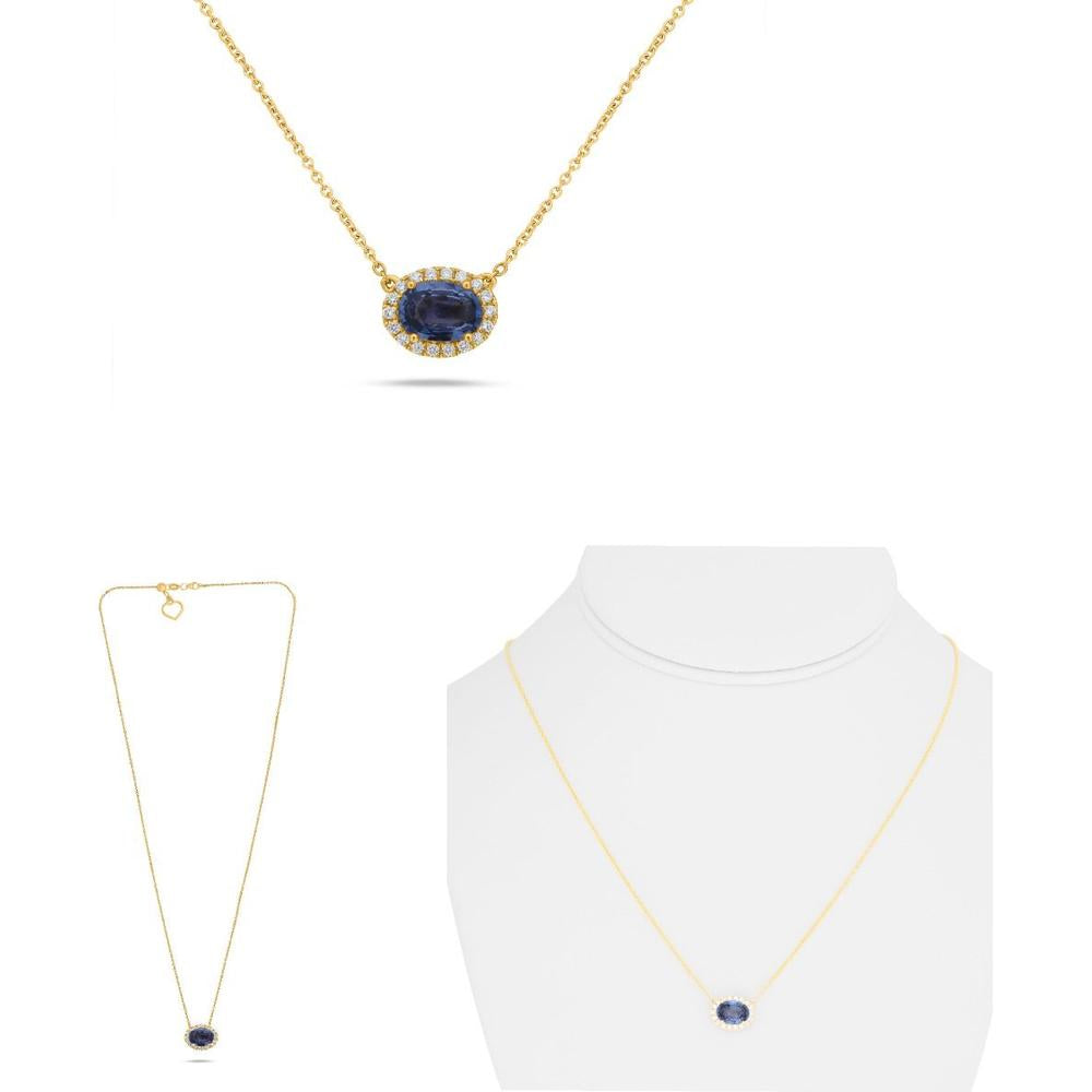 Roman & Jules - 14K Yellow Gold Y-Necklace with Oval Sapphire and Diamond Halo - 1.23 Carat Sapphire, 0.12 Carat Diamond Total Weight