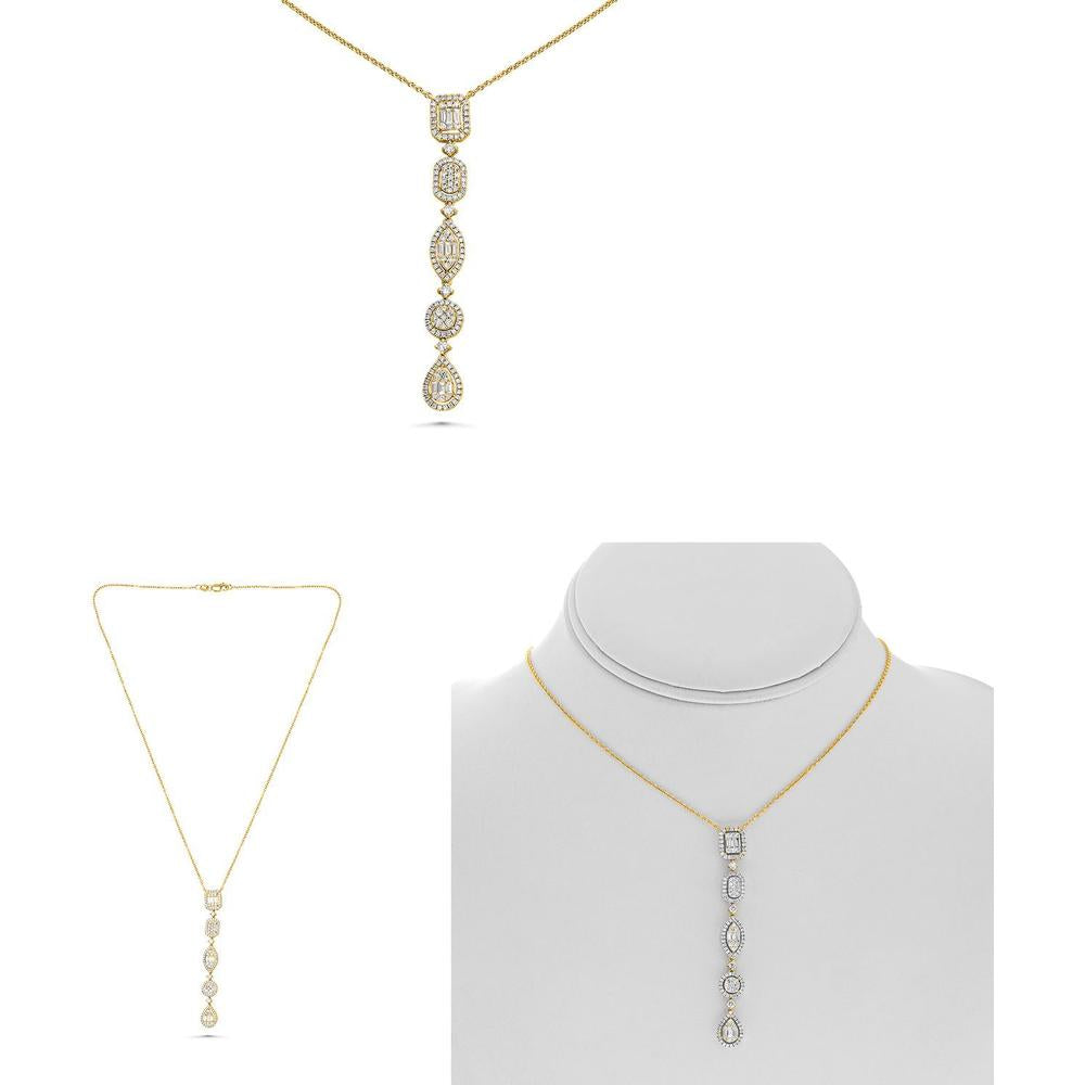 Roman & Jules - 14K Yellow Gold Y Necklace with Round and Baguette Diamonds - 1.18 Carat Total Diamond Weight