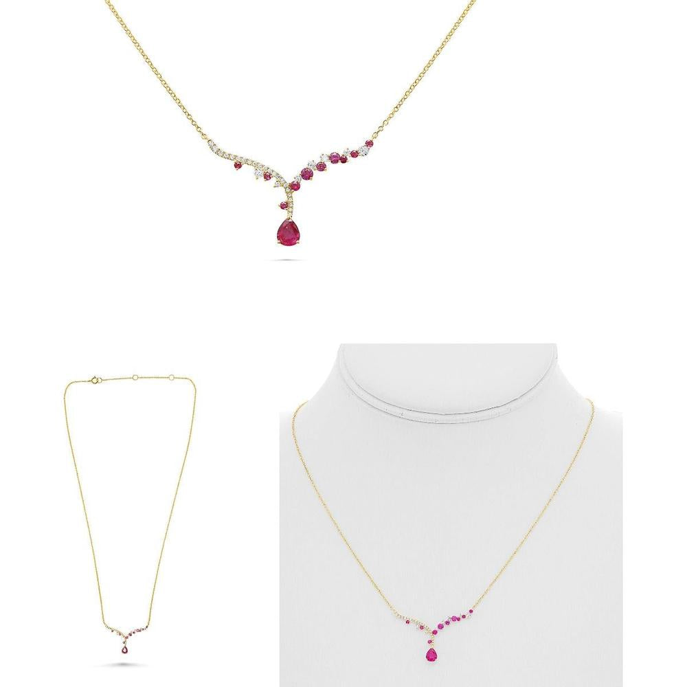 Roman & Jules - 14K Yellow Gold Y Necklace with Round Diamonds and 0.25 Carat Ruby