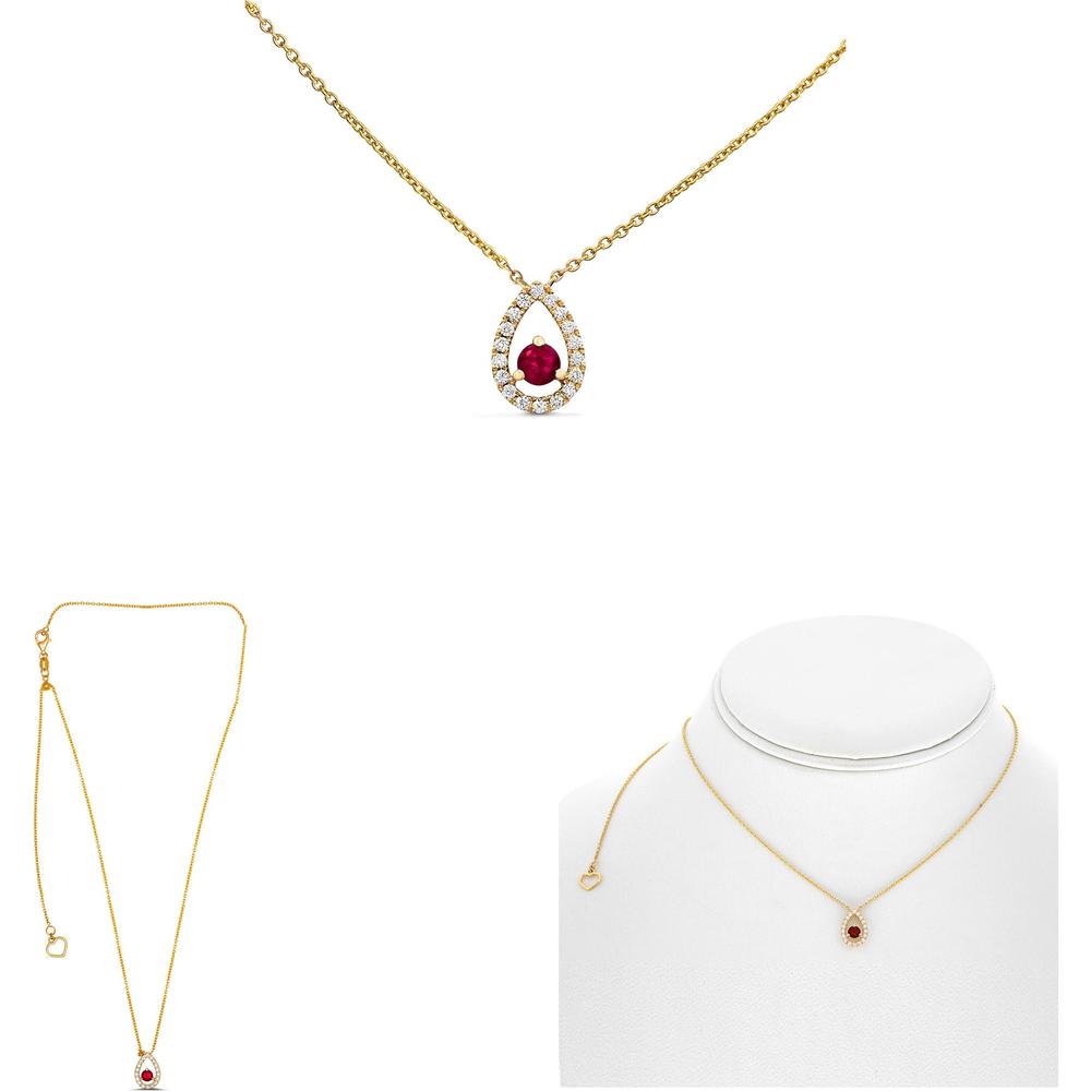 Roman & Jules - 14K Yellow Gold Y Necklace with Round Ruby and Diamond Halo - 0.23 Carat Total Diamond Weight
