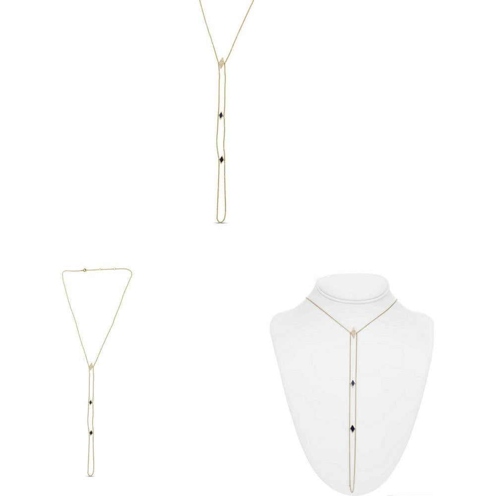 Roman & Jules - 14K Yellow Gold Y-Shaped Necklace with Lapis Lazuli and Round Diamonds - 0.10 Carat Total Diamond Weight