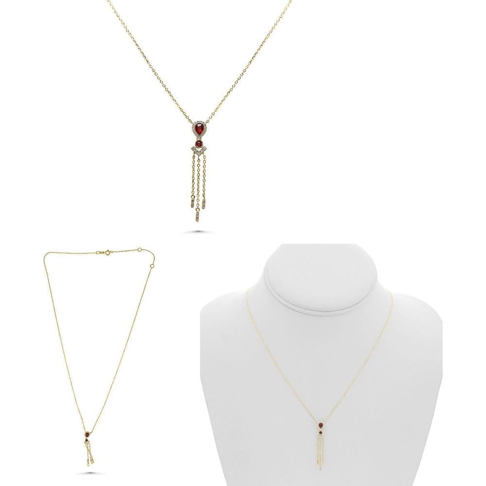 Roman & Jules - 14K Yellow Gold Y-Shaped Necklace with Pear-Shaped Ruby and Round Diamond Halo - 0.10 Carat Total Diamond Weight