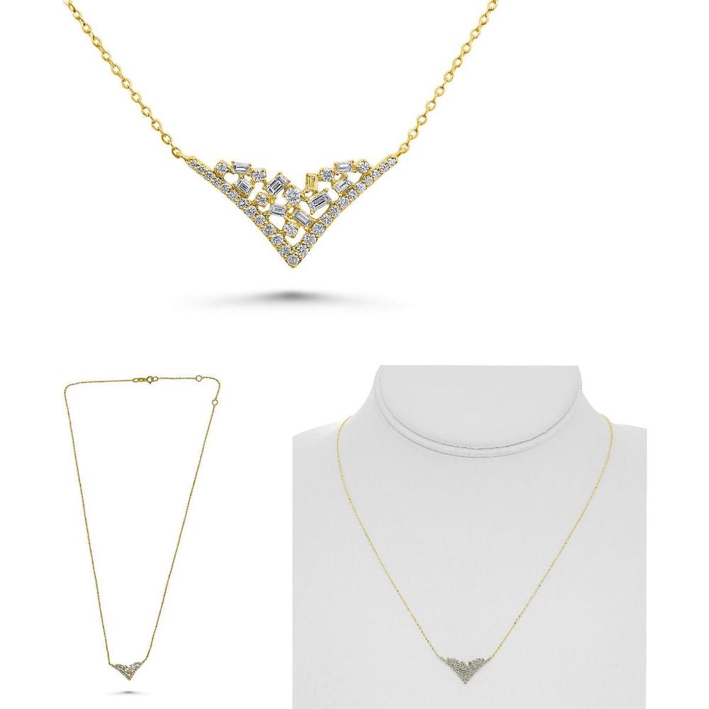 Roman & Jules - 14K Yellow Gold Y-Shaped Necklace with Round and Baguette Diamonds - 0.31 Carat Total Diamond Weight