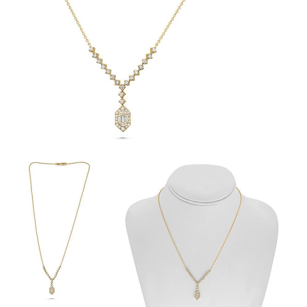 Roman & Jules - 14K Yellow Gold Y-Shaped Necklace with Round and Baguette Diamonds - 0.70 Carat Total Diamond Weight