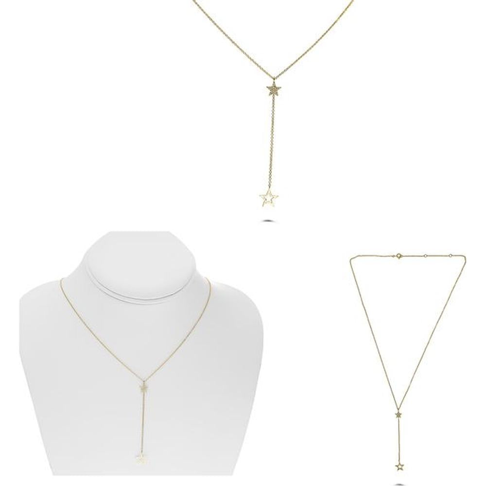 Roman & Jules - 14K Yellow Gold Y Star Necklace with 0.05 Carat Round Diamond in Micropavé Setting