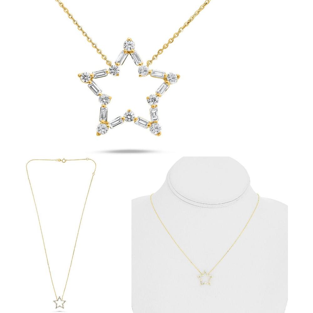 Roman & Jules - 14K Yellow Gold Y Star Necklace with Round and Baguette Diamonds - 0.40 Carat Total Diamond Weight