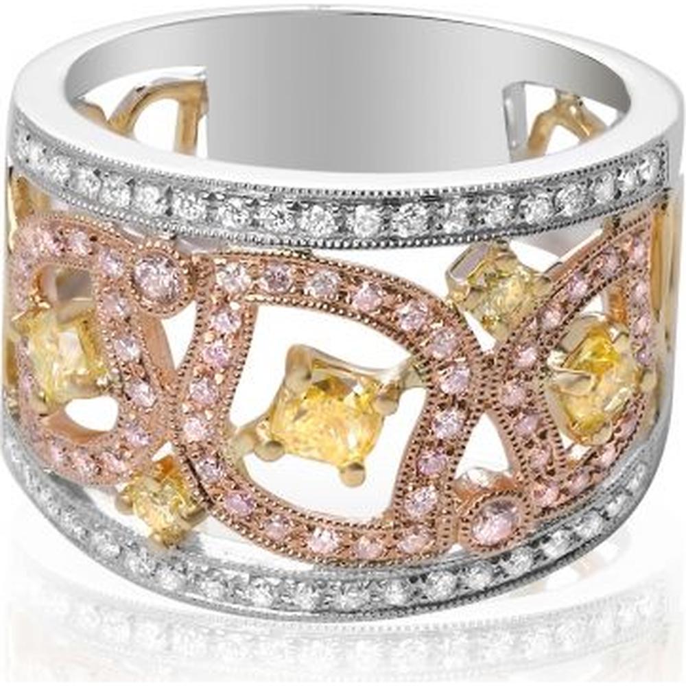 Roman & Jules - 18K Gold Radiant Fancy Yellow and Pink Diamond Ring with Round and Radiant Cut Diamonds - 1.08 Carat Total Diamond Weight