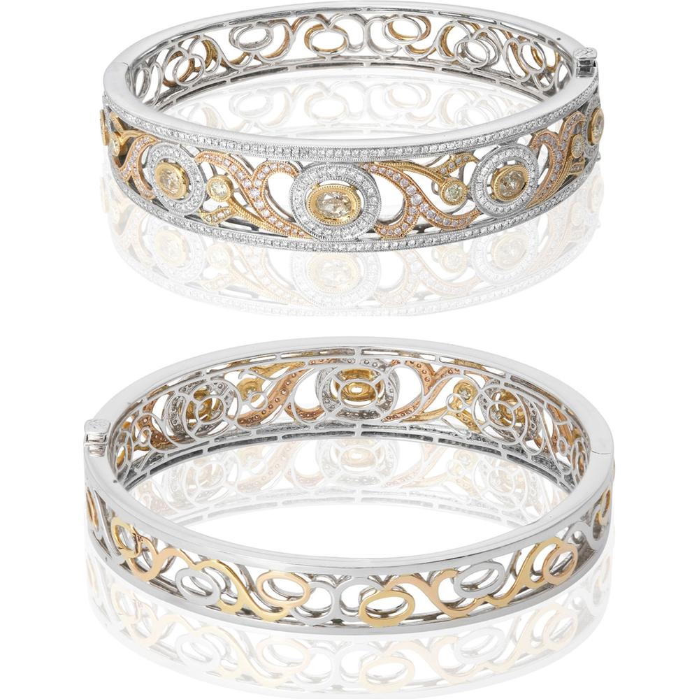 Roman & Jules - 18K Tri-Colored Abstract Diamond Bangle with Fancy Yellow, Pink, and Yellow Diamonds - 2.52 Carat Total Diamond Weight