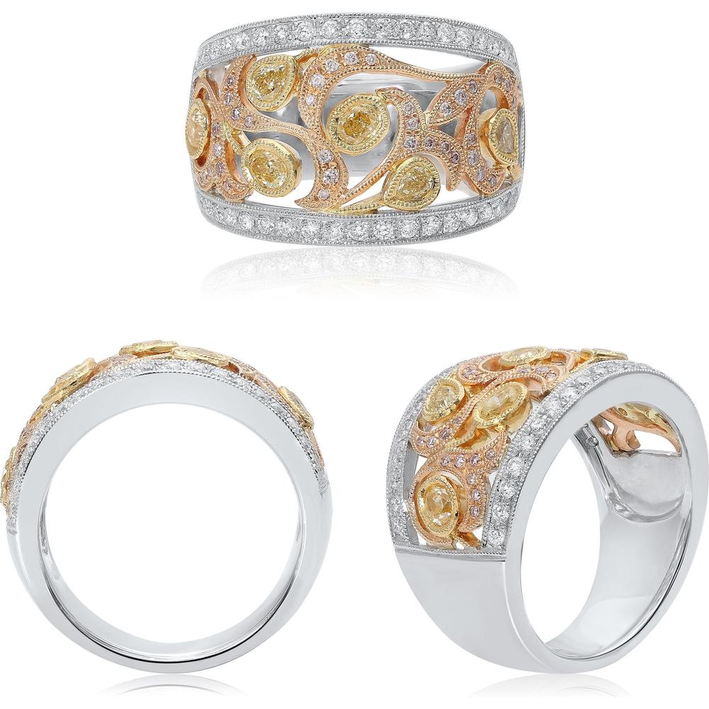Roman & Jules - 18K Tri-Colored Diamond Ring with Fancy Yellow, Pink, and Round Diamonds - 1.12 Carat Total Diamond Weight