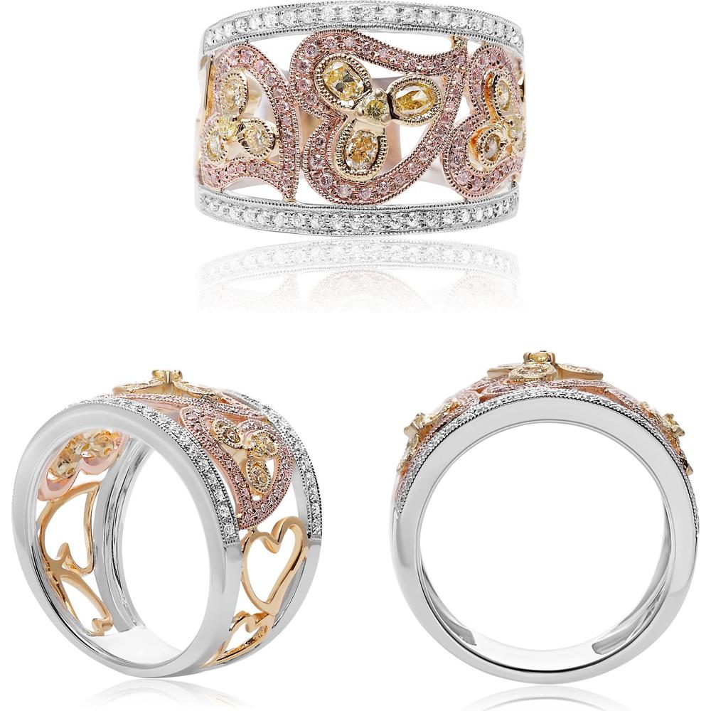 Roman & Jules - 18K Tri-Colored Gold Heart Ring with Fancy Yellow, Pink, and Round Diamonds - 1.0 Carat Total Diamond Weight