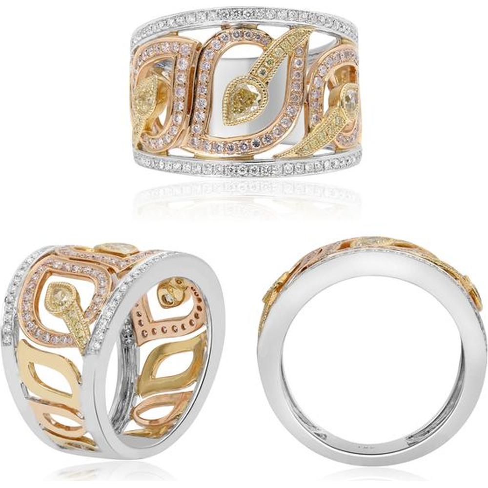 Roman & Jules - 18K Tri-Colored Gold Ring with Fancy Yellow, Pink, and White Diamonds - 1.01 Carat Total Diamond Weight
