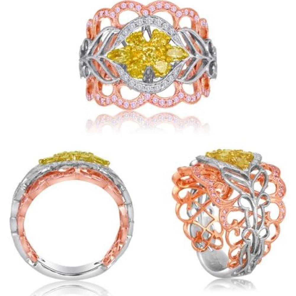 Roman & Jules - 18K Tricolor Gold Fashion Ring with Oval Fancy Yellow Diamonds and Pink & White Diamond Accents - 1.02 Carat Total Diamond Weight