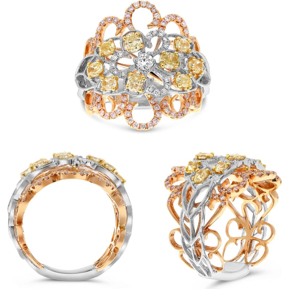 Roman & Jules - 18K Tricolor Gold Ring with Oval Fancy Yellow Diamond and Pink Diamond Accents - 1.46 Carat Total Diamond Weight