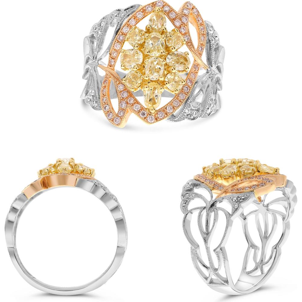 Roman & Jules - 18K Tricolor Gold Ring with Oval Yellow Diamond (1.24 Carat) and Round White & Pink Diamonds