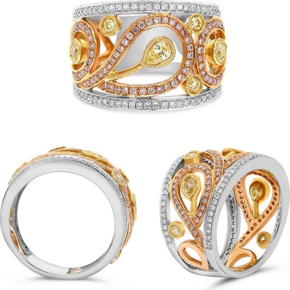 Roman & Jules - 18K Tricolor Gold Wide Band Ring with Fancy Yellow, Pink, and Round Diamonds - 1.14 Carat Total Diamond Weight
