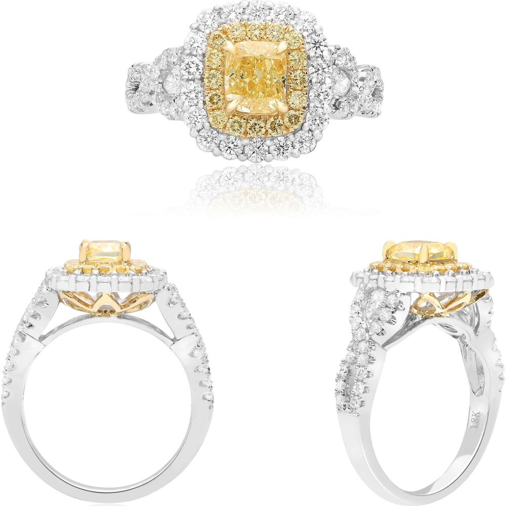 Roman & Jules - 18K Two-Tone Gold Ring with 1.00 Carat Cushion Fancy Yellow Diamond and 1.21 Carat White & Yellow Diamond Accents