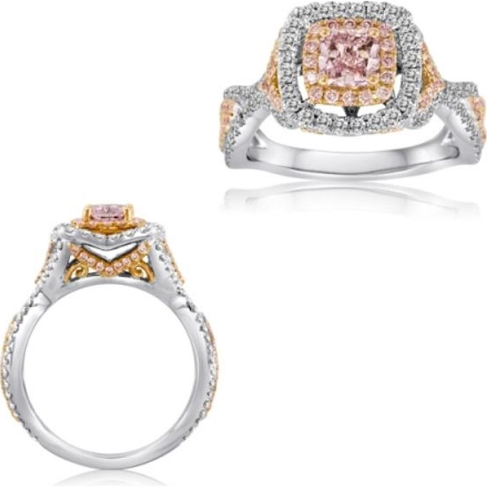 Roman & Jules - 18K White and Rose Gold Cushion Cut Pink Diamond Halo Ring with Round Diamonds - 1.08 Carat Total Diamond Weight