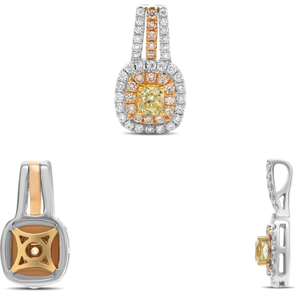 Roman & Jules - 18K White and Rose Gold Cushion Fancy Yellow Diamond Pendant with Round and Pink Diamond Halo - 1.52 Carat Total Diamond Weight