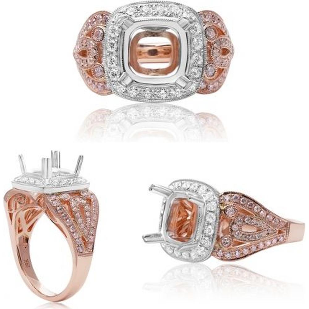 Roman & Jules - 18K White and Rose Gold Cushion Pink Diamond Halo Ring with Round Diamonds - 0.74 Carat Total Diamond Weight